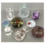 9 art glass, etc. paperweights incl Murano, signed