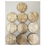 10 U.S. silver standing Liberty half dollars
