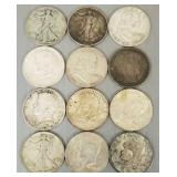 12 U.S. silver half dollars incl Barber, Liberty,