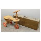 2 wood items: trike & tool chest- 32 1/2"L