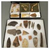 2 cases stone points, pottery shards,