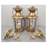 2 matching brass & etched glass lanterns w/ wall