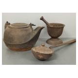 3 cast iron items:  mortar/ pestle, kettle & 19"L