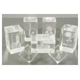 7 holographic crystal paperweights incl buildings,
