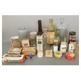 Group vintage advertising bottles, tins, etc.