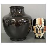 Decorative stone/ shell mask & large black pottery