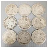 9 U.S. silver seated Liberty half dollars