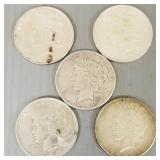 5 U.S. silver Peace dollars- 1926D, 1922S,