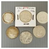 6 U.S. silver half dollars incl 4 Franklins1952D,