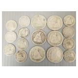 17 U.S. silver seated Liberty coins: 6 quarters &