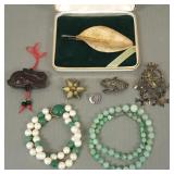 Gp vintage jewelry, etc incl jade bead necklace,