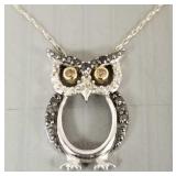 10k white gold owl pendant necklace s/w stones-