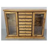 Oak lift top jewelry case w/ 8 drawers &