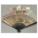 Group Asian miniature carvings, chop sticks, fan,