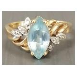 14K gold ring s/w marquise light blue stone, etc-