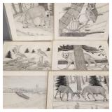6 unframed ink sketches incl 5 signed L. Scarseth,