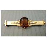 Antique 9K gold bar pin set with dark citrine &