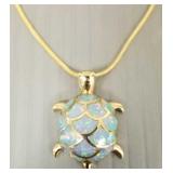 14K gold opal inlaid turtle pendant necklace- 7.4g