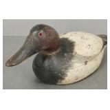 Carved & painted canvasback wood decoy w/ glass
