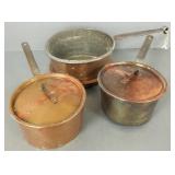 3 antique copper pans w/ dovetailed bottoms &