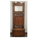 Antique oak hall bench w/ beveled mirror- 77'H