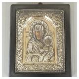 Greek 950 silver & wood icon w/ hand painted faces