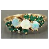 10K gold ring s/w opals & green stones- 2.8g,
