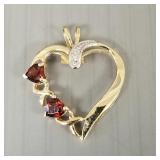 10k gold, garnet & diamond heart pendant- 1.5g,