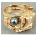 14K gold & pearl ring artisan ring marked B.W.-