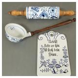 3 pcs vintage blue & white porcelain: rolling pin,