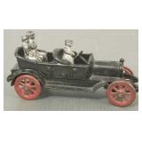 Vintage cast iron car w/ driver & passengers- 7'L