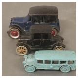 3 vintage cast iron cars- Hubley, etc. - 6 1/2'