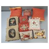 9 Asst pillows incl needlework & 1 case-