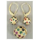 2 pcs 14K gold jewelry: slide/ bead s/w emeralds,