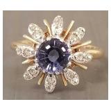 14K gold ring s/w diamonds & purple center stone