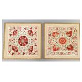 2 framed Suzani (?) embroidered textiles- 19 3/4'H