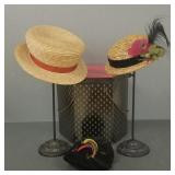 3 vintage ladies hats, 2 antique style stands &
