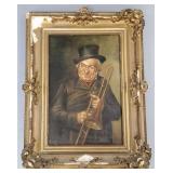 Antique oil painting on canvas- trombone player