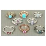 8 fancy sterling silver rings s/w asst. colored