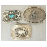 3 silver belt buckles- 1 marked sterling- 3 1/2' x