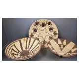 3 large hand woven baskets w/ geometric & figural