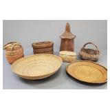 7 antique, etc hand woven baskets incl Maine