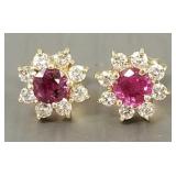 14K gold earrings s/w diamonds & red stones-