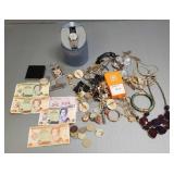 Gp asst. jewelry, foreign coins & currency, watch