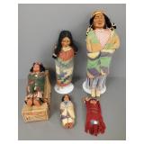 5 vintage Skookum, etc dolls- 16' tallest