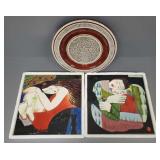 2 Yang Yang artisan pottery tiles & an inlaid wood