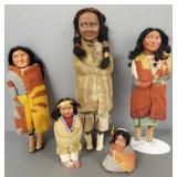 5 vintage Skookum, etc dolls- 14' tallest