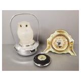 3 small Deco items: owl lamp, dresser clock &