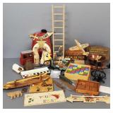 Gp vintage wood, metal, etc items incl ladder toy