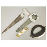 3 vintage Pack saws, etc w/ sheathes-